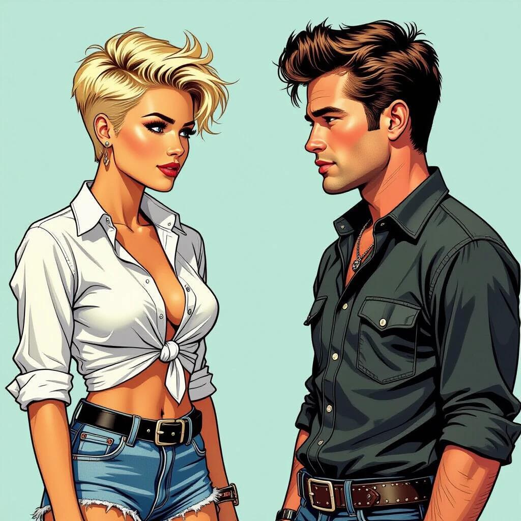 Stylized comic-strip artwork features a confident young woman and a classic Hollywood icon. Woman has punk-inspired hair and wears a knotted white shirt and denim shorts. Man stands opposite with a cool demeanor. Image captures a playful interaction of fashion and attitude.