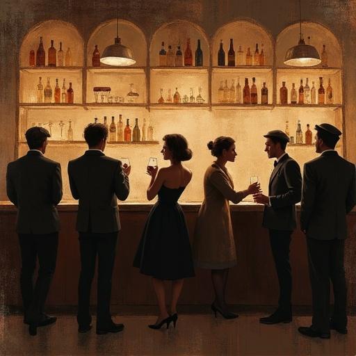 Crowded bar scene in a Vintage European style. Digital painting created with soft textured brush strokes. Warm muted colors enhance the atmosphere. Subtle canvas texture imitates an oil painting effect.