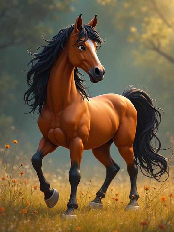 A stylized, cartoonish horse with a shiny brown coat and long black mane stands in a sunlit meadow filled with flowers. The horse appears lively and expressive. Soft orange and green hues in the background create a warm atmosphere.