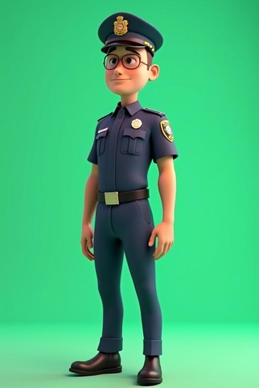 3D animation of a police officer in uniform standing on a flat surface with a green background. Bright even lighting on a Pixar-style character.