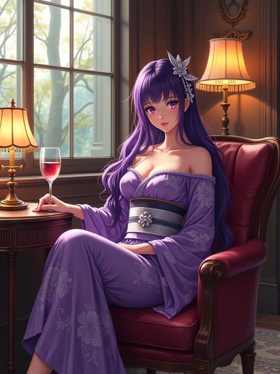 Anime beautiful lady in a vintage lounge. She sits elegantly on a leather sofa. Striking violet hair and eyes capture attention. Wearing a shiny violet off-shoulder kimono with floral patterns. Long hair has delicate accessories. Relaxed yet refined posture with crossed legs. Glass of wine rests on the table. Warm golden light fills the room. Antique decor includes vintage lamps and wood furniture. A serene view of trees from the window enhances the ambiance. Her composed expression exudes grace and confidence.