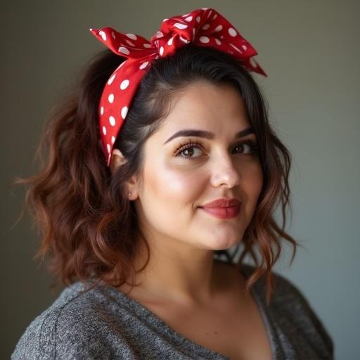 Close-up shot of a plus size woman with a polka dot hair band. Her face shows confidence and style. Soft natural lighting enhances her features.