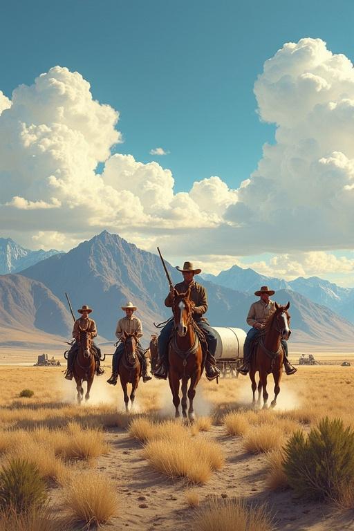Detailed depiction of Manifest Destiny. Cowboys riding in an open western landscape. Ranch wagons present. Mountains and clouds in the background. Colors reflecting the American frontier essence.
