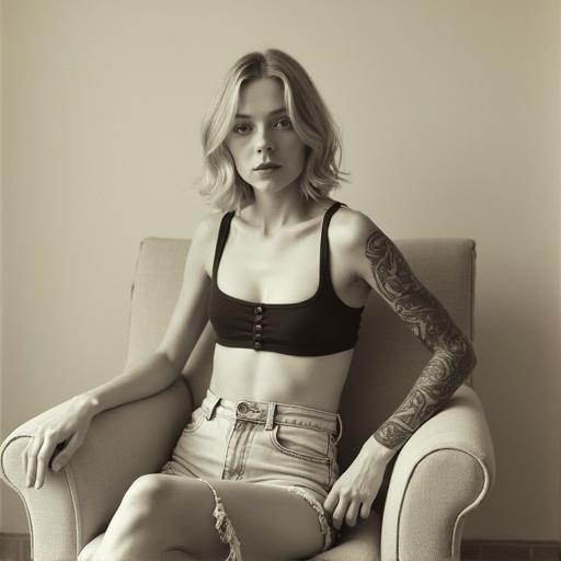 Vintage photograph from the 1920s of a young woman with a slender physique sitting on a light armchair wearing a sports bra and high-waisted frayed jeans. She has shoulder-length wavy blonde hair and multiple tattoos. The background is a plain wall. The woman looks directly at the camera with a cigarette in her mouth. The lighting highlights the textures of her skin and jeans. The style emphasizes her natural beauty and body art.
