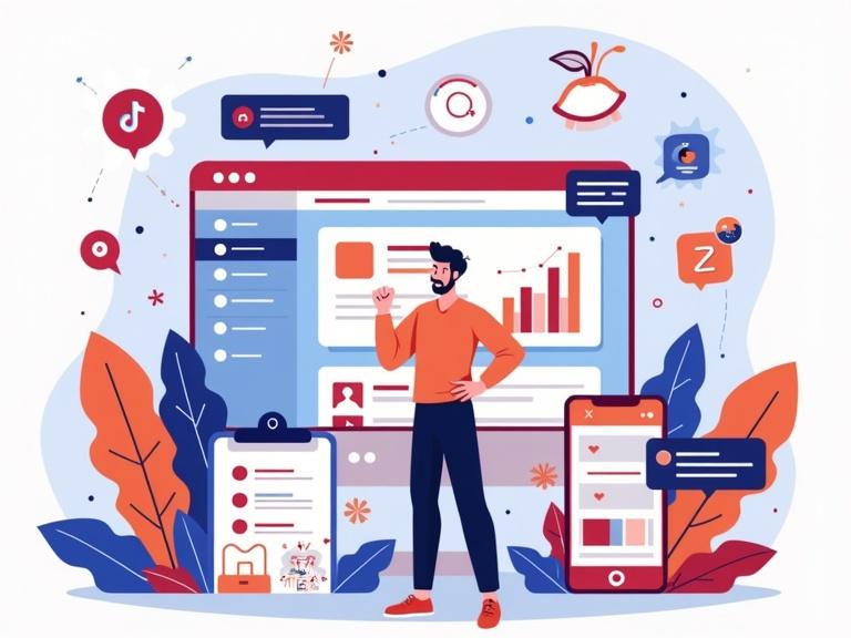 A vibrant digital illustration features a confident business owner in front of a TikTok interface. Screen shows elements like trending sounds analytics graphs and the For You Page. Icons float around representing logos video effects and comments. A checklist with SMART goals is on one side while a mockup phone displays a TikTok profile. The scene symbolizes professionalism and creativity for business success.