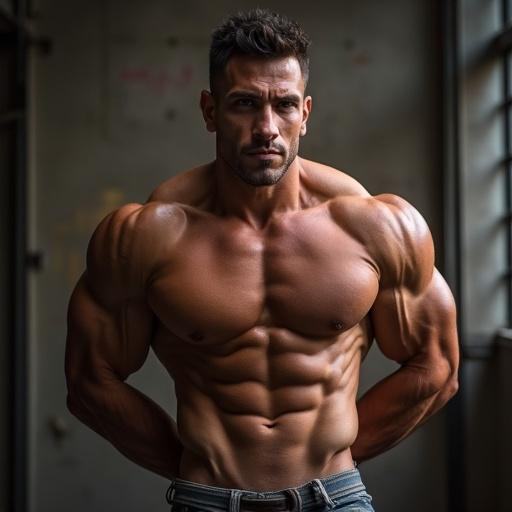 Display a well-defined muscular man showcasing his physique in a fitness environment