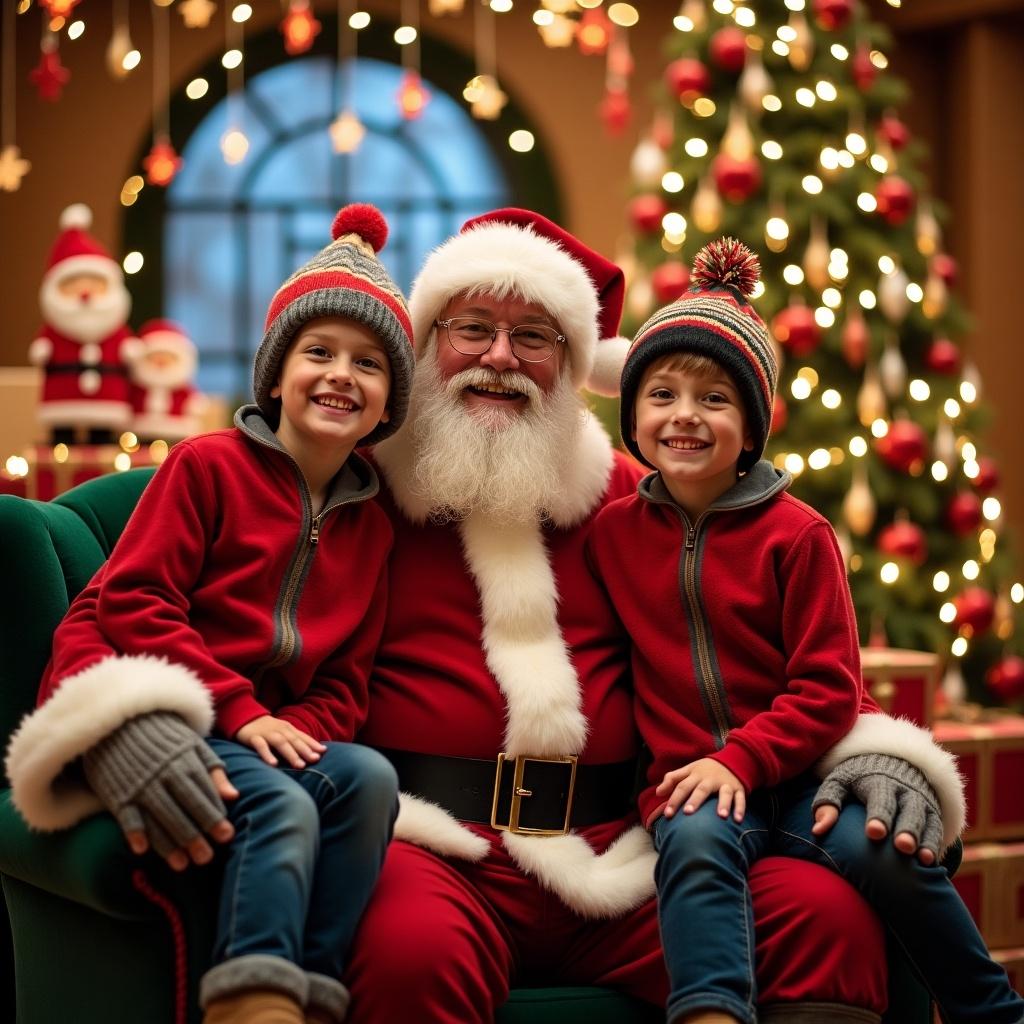 In a festive Christmas grotto, Santa Claus sits with two joyful boys. Both boys wear matching red sweaters and hats, displaying wide smiles. The background is adorned with a beautifully lit Christmas tree and holiday decorations. Santa has his classic red suit, white beard, and a warm, welcoming demeanor. The overall scene evokes thoughts of holiday cheer and family warmth. The lighting is soft and warm, enhancing the festive feel of the occasion.