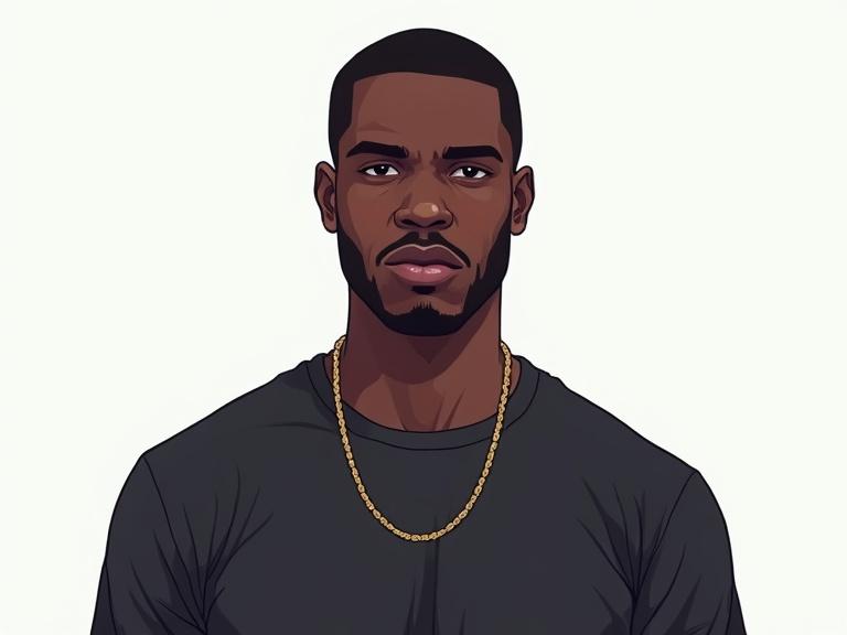 Black male character illustration. Directly facing camera. Bright light with no shadows. Wearing solid color t-shirt. No accessories. GTA style digital illustration.