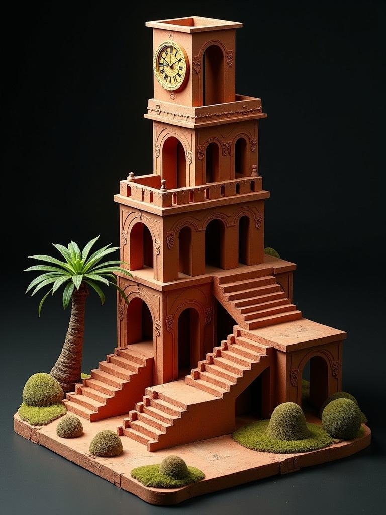 Generate a scene resembling an Incan clocktower. It incorporates M.C. Escher's style. The building features impossible geometries and interconnected elements. It includes potted succulents, stairs, arches, and pathways defying physics. The materials are dark terracotta and gold. The background is black. A sculpted high arched mechanical clock is the centerpiece.