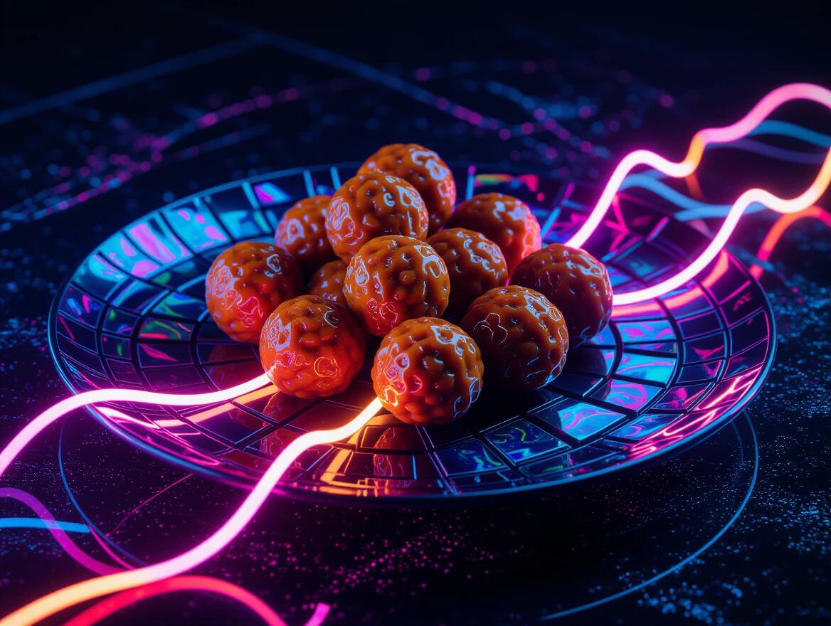 Conceptual dish featuring 3D meatballs on a reflective plate. Neon lights envelop the scene creating an ethereal atmosphere. The artwork captures the surreal essence of food in a cosmic setting. Bold colors and striking reflections enhance the visual appeal.