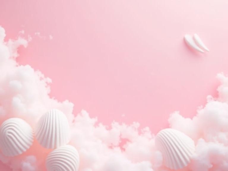 Surrealistic pink background with white smoke or fog and a few beautiful white shells on edges.