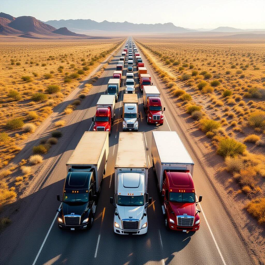 Aerial view showcasing a convoy of heavy-duty trucks and flatbeds moving in formation. Dry landscape with mountains in the background. Emphasis on scale and organization of the trucks.