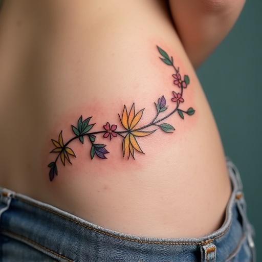 A tattoo design showcases a curved line adorned with small, vibrant flowers. Design flows from the hips towards the pubis. Preference for botanical style. Captivating illustration of nature on skin.