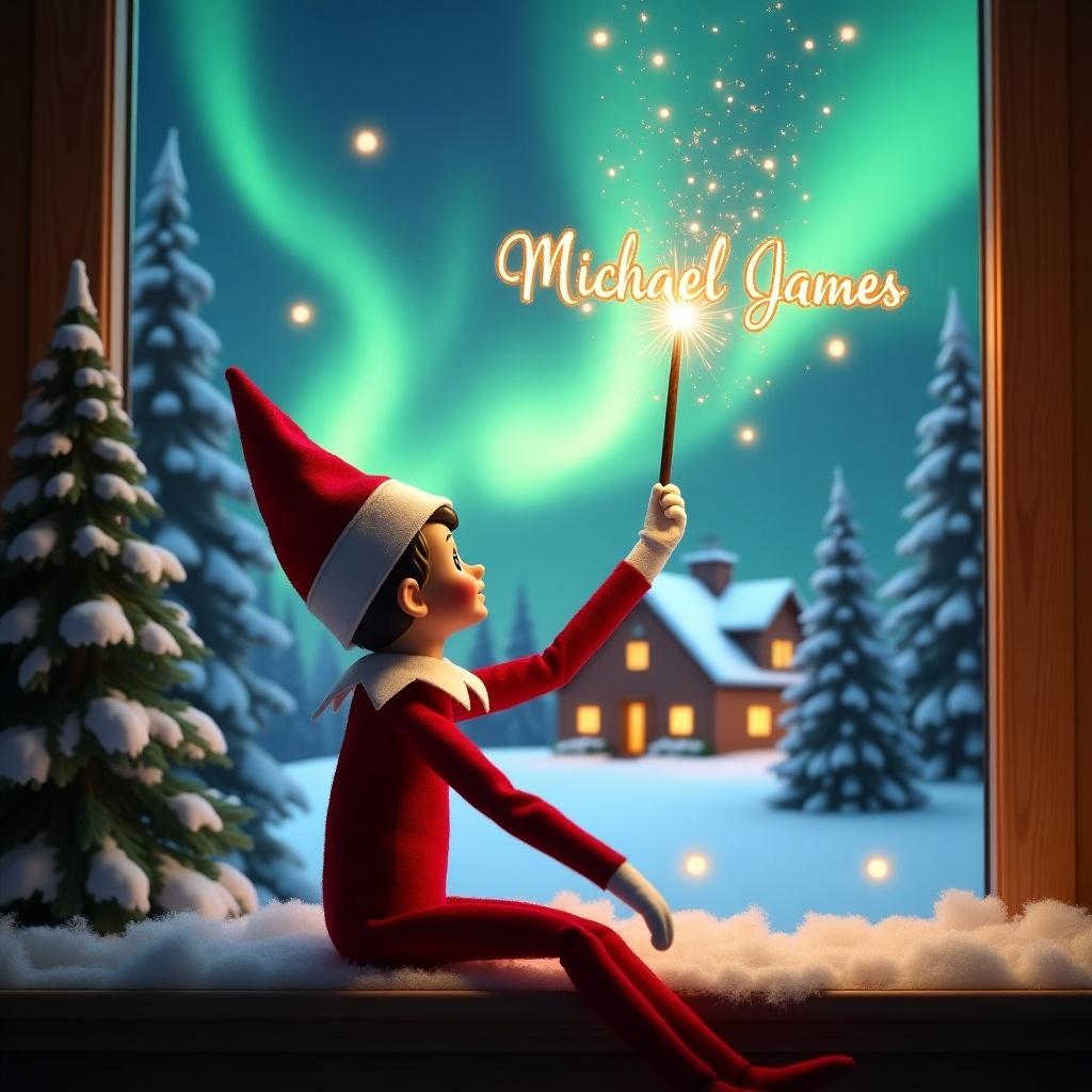 Elf on the shelf sits on a windowsill looking upwards. Elf holds a glowing wand creating sparks. Colorful northern lights decorate the sky. Cozy house appears in the background. Snow covers the ground and pine trees. A name appears in sparkling letters above the elf. Elf wears a red outfit with white trim, embodying Christmas joy.