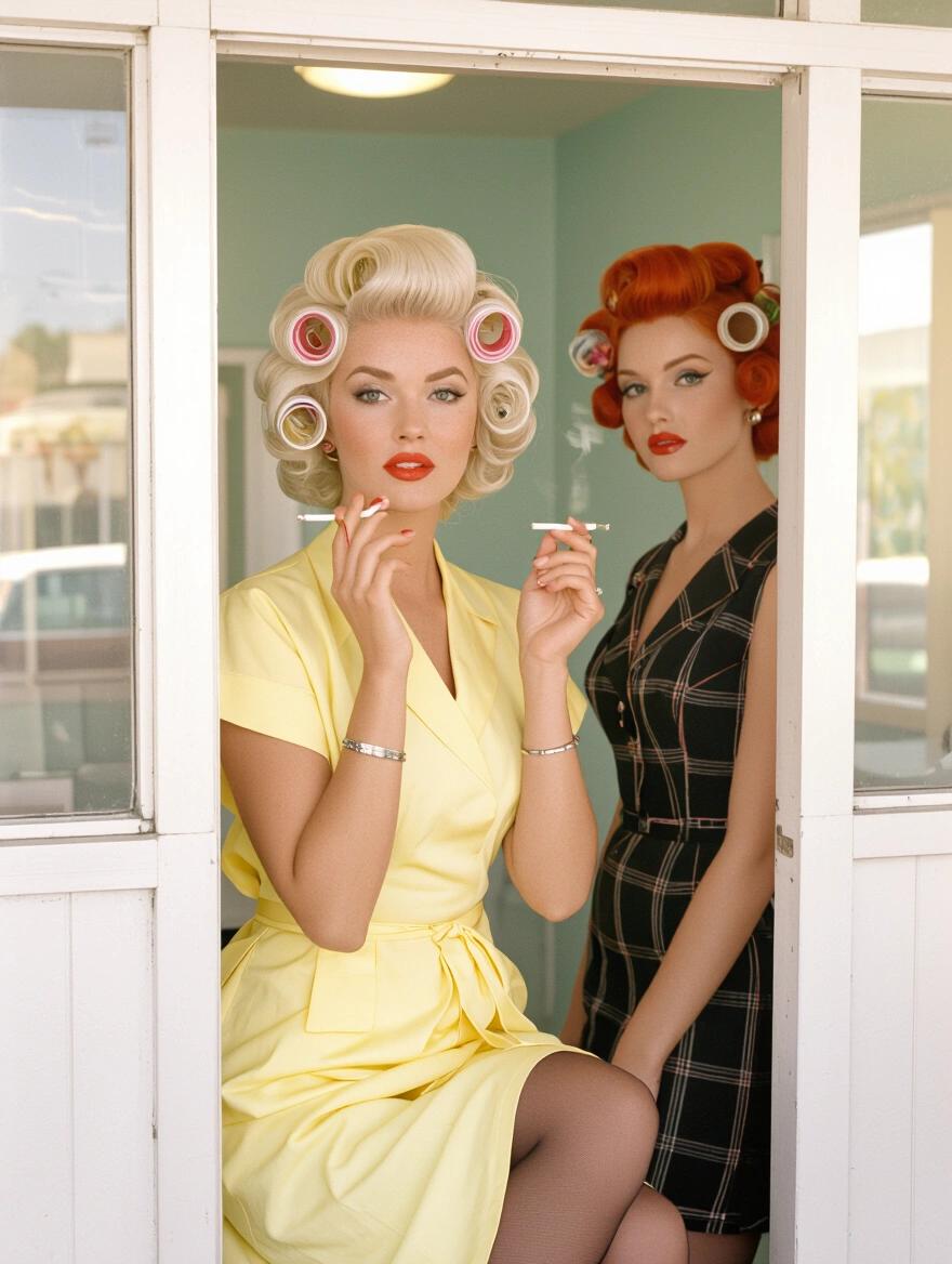 Stunning portrait of two women in a 1960s beauty shop. One has platinum blonde hair with curlers and wears a pale yellow dress. She holds a cigarette. The other woman has red hair with curlers and wears a black dress, showcasing black stockings. They stand in a vintage beauty parlor doorway.