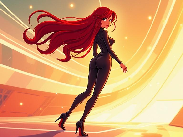 Disney cartoon-style charming woman with flowing red hair in a sleek black suit posing with her back to the viewer. She is wearing high-heeled boots and jewelry. The background features stylized geometric shapes and motion lines with speed effects in a modern anime illustration style.