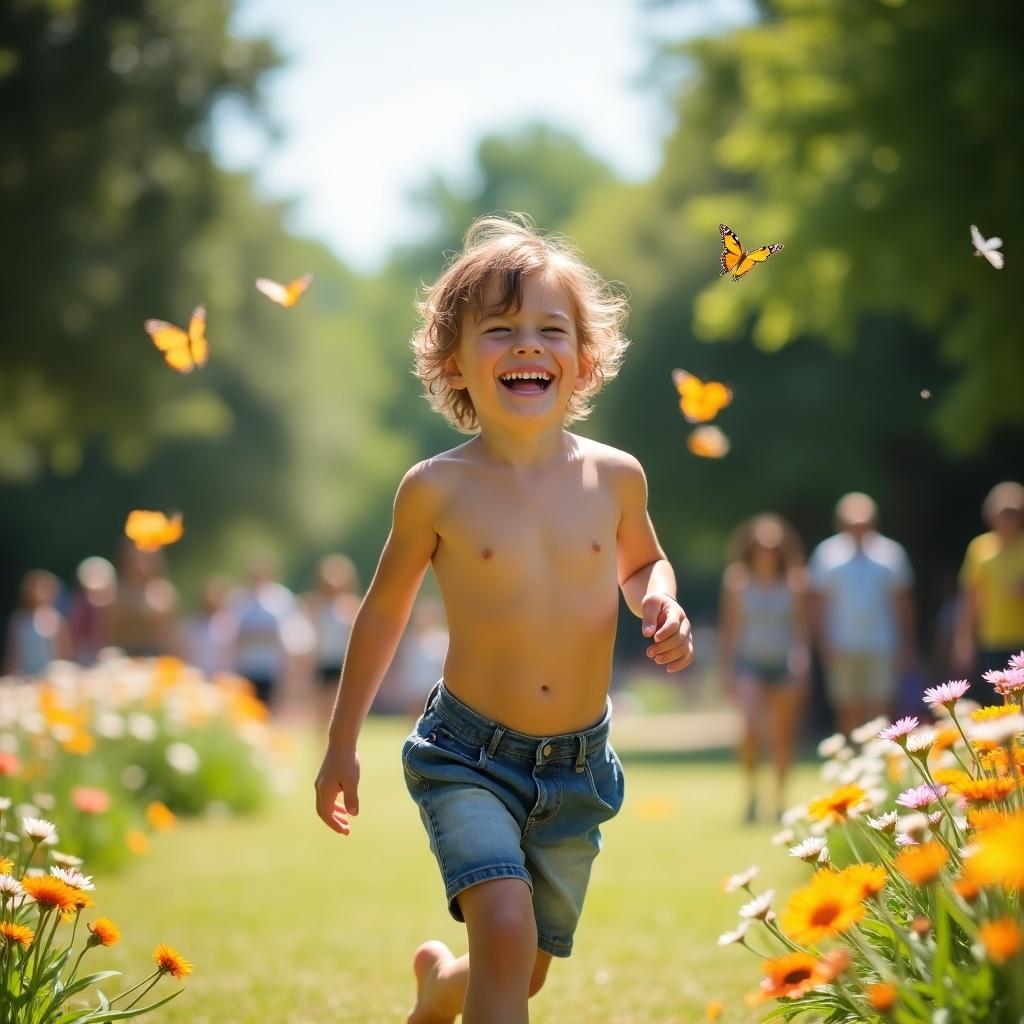 A cheerful boy is running through a flower garden filled with blooming flowers and butterflies. He is shirtless, radiating joy and freedom as he enjoys his time outdoors. The sunlight creates a warm atmosphere, enhancing the vibrant colors of the flowers and the boy's smile. Butterflies flutter around him, adding a whimsical touch to the scene. The background features blurred figures of people enjoying the park, emphasizing the lively atmosphere of a summer day.