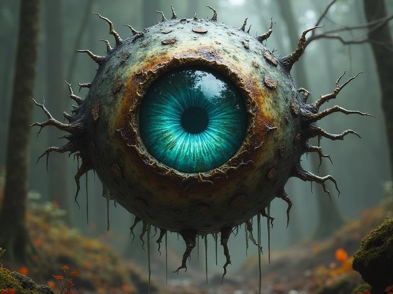 Floating eye with vibrant turquoise iris. Surrounded by tentacle-like structures. Dimly lit forest background with mist. Evokes feelings of mystery and unease.