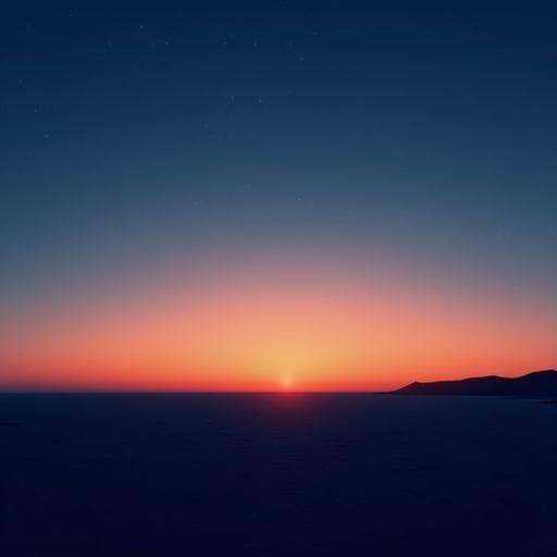 Create breathtaking landscape scene at twilight. Vast expanse of land stretches to horizon. Sky gradient deep blue to warm orange, indicating sunset. Perfectly straight horizon line splits image in two. Dark silhouette of mountain on right. Mostly clear sky with faint stars. Overall serene atmosphere evoking calm. Soft diffused lighting, vibrant colors. Detail and realism captured in photorealistic style.