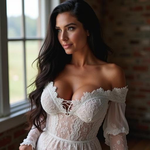 Model wearing an elegant white dress in a softly lit interior setting. Hair cascading down shoulders with a natural expression.