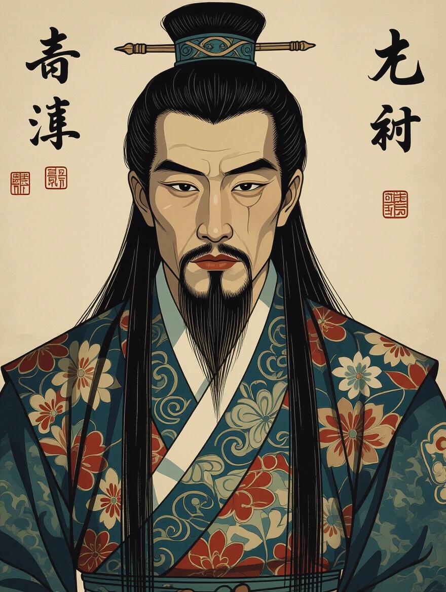 Strip Style artwork featuring a Chinese male figure. Full body portrait with a frontal shot. Long hair styled with traditional elements. Representation of a 21-year-old male with gaunt, pale features, high nose, and dry lips. Beard and mustache present. Skin appears rough and flaky, suggesting overall fatigue.
