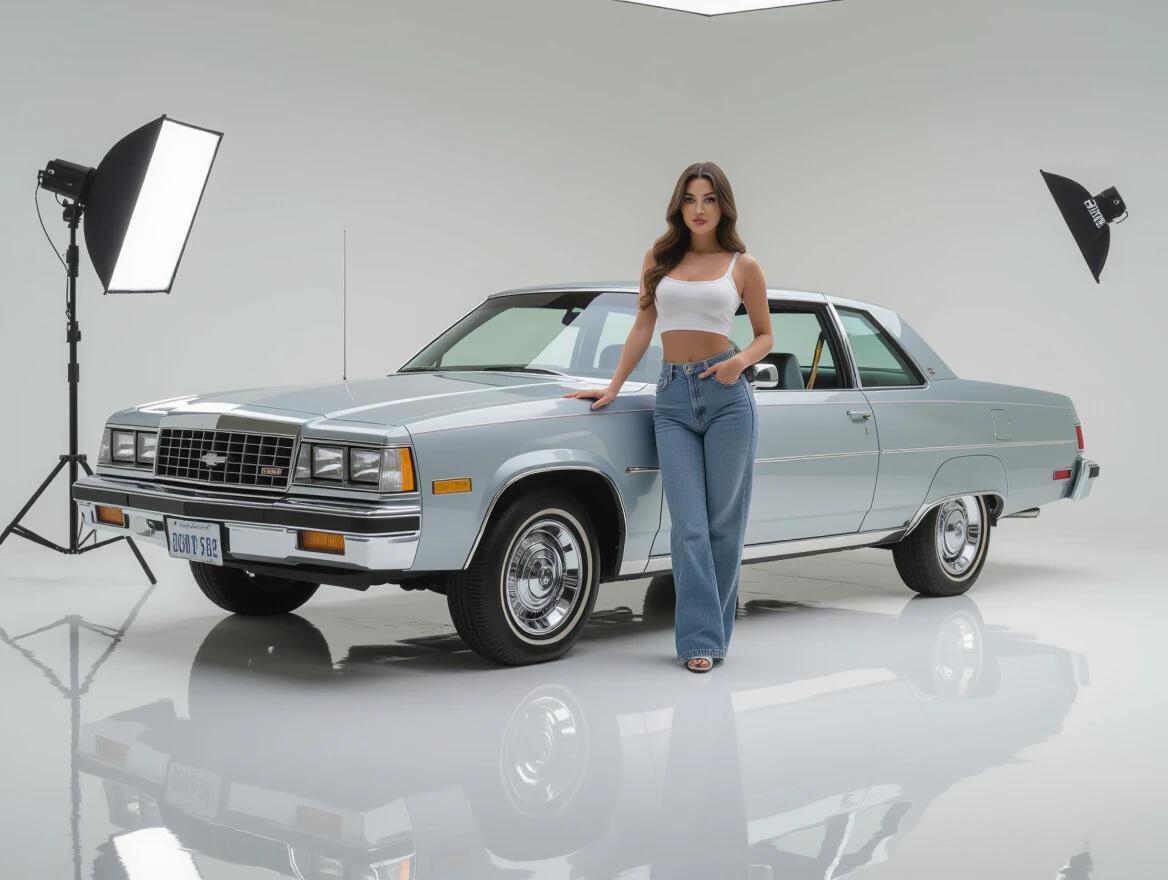 High-resolution studio shot of classic Chevrolet Corsa. Model in 90s outfit stands next to the car. Glossy silver paint shines under bright softbox lighting. Indoor studio setup.