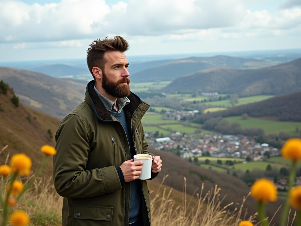 The image depicts a man standing on a hillside overlooking a scenic valley. He is holding a white cup, possibly with a warm beverage inside. The man has a well-groomed beard and styled hair, wearing a thick green coat that looks comfortable and rugged. In the background, there are rolling fields and a small town nestled below in the valley. The sky is partly cloudy, suggesting a pleasant day outdoors. Golden flowers in the foreground add a touch of warmth to the scene.