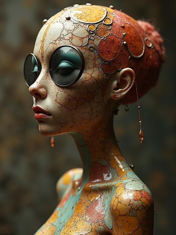 3D anthropomorphic figure with elaborate stained body art. Unique face with large sunglasses. Vivid colors and details. Like a special masterpiece.