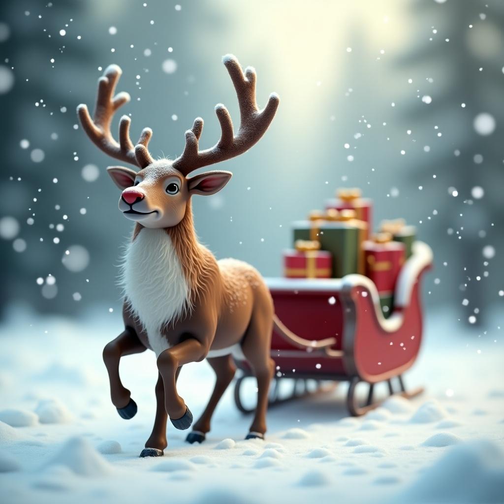 Festive scene features a cheerful reindeer. The reindeer pulls a sleigh filled with colorful gifts. Background showcases gentle snowfall. Soft focus enhances the holiday atmosphere.