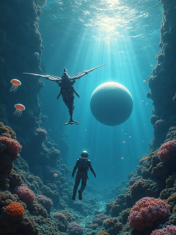 Astronaut swims in a planetary system submerged underwater. Space coral covers the terrain. Saturn's rings turn into luminous jellyfish. Mechanical dolphin with platinum wings leads to an underwater portal.