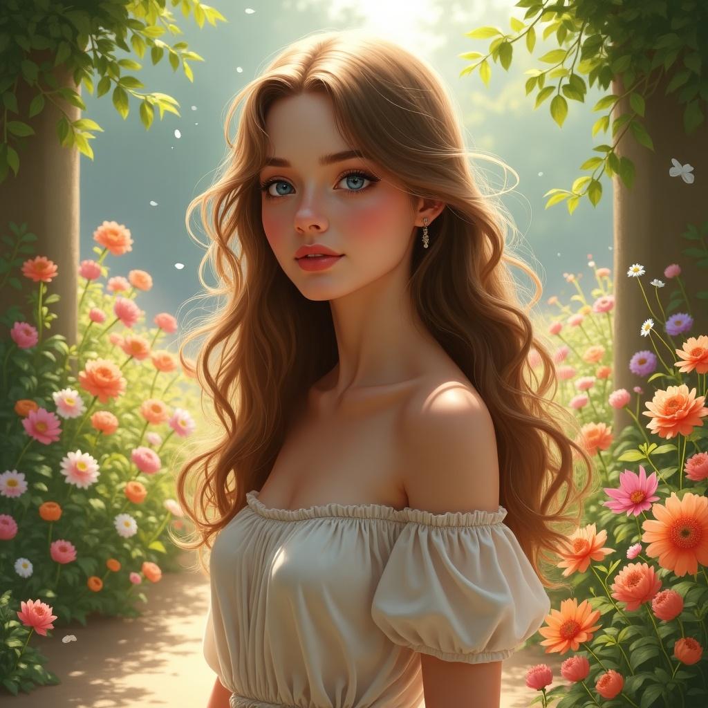 This image depicts a young woman standing in a lush garden filled with colorful flowers. She has long, wavy hair and is wearing a soft, off-the-shoulder top, looking directly at the viewer. The background is filled with vibrant blooms in pastel shades, creating a serene atmosphere. Soft, natural light filters through the trees, adding a magical quality to the scene. The woman's expression is gentle and inviting, embodying beauty and grace in nature.