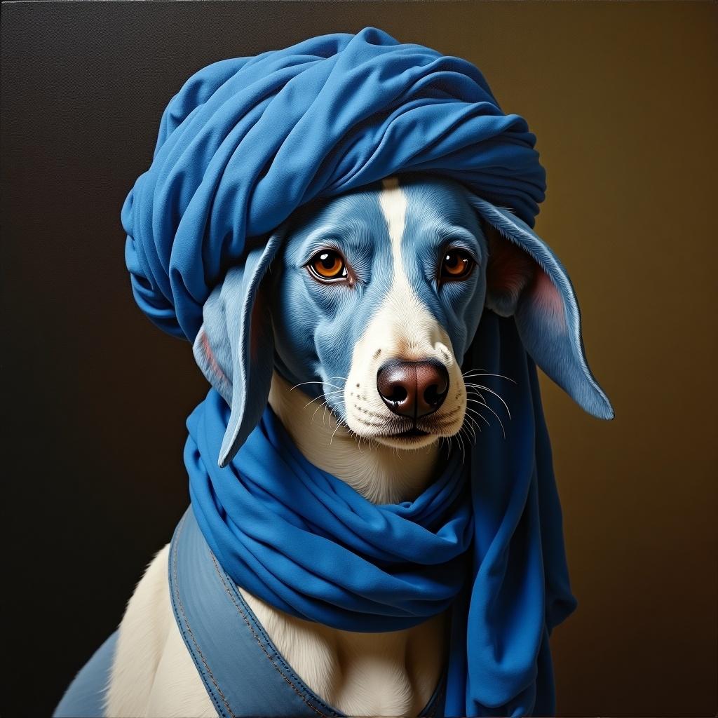 Blue genie dog with wrapped ears in a turban. Oil painting in Elizabethan style.