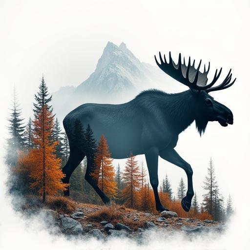 Double exposure art features a moose silhouette against a backdrop of rugged autumn landscapes. The scene includes colorful aspen trees and mountain peaks while maintaining a monochrome contrast to emphasize the moose's details.
