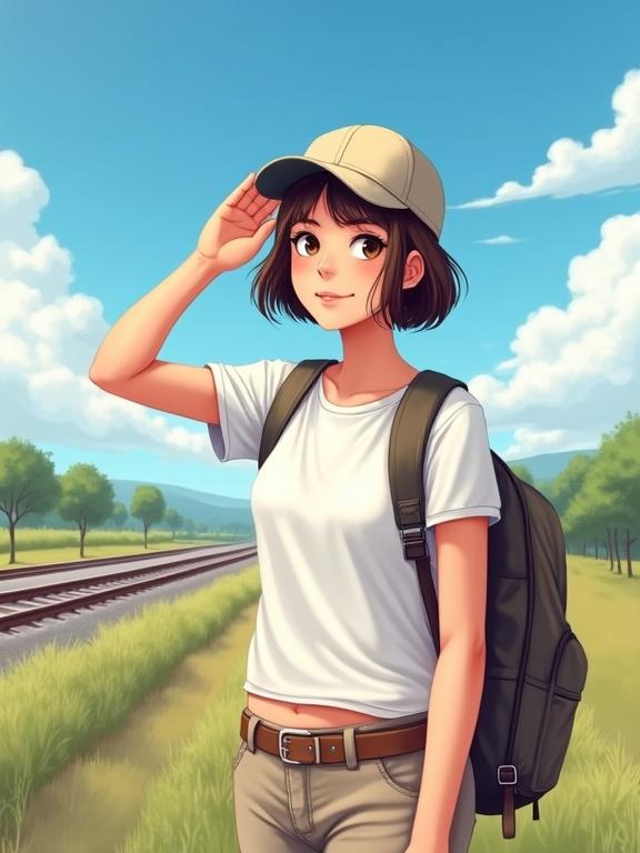 Background shows a long road and railway track through a field. Sky is blue with fluffy clouds. Foreground features a young female traveler with short brunette hair and cap. She wears a white T-shirt and capri pants. A backpack is on her shoulder. She shields her eyes from the sun with one hand and smiles. Realism and realistic art style.