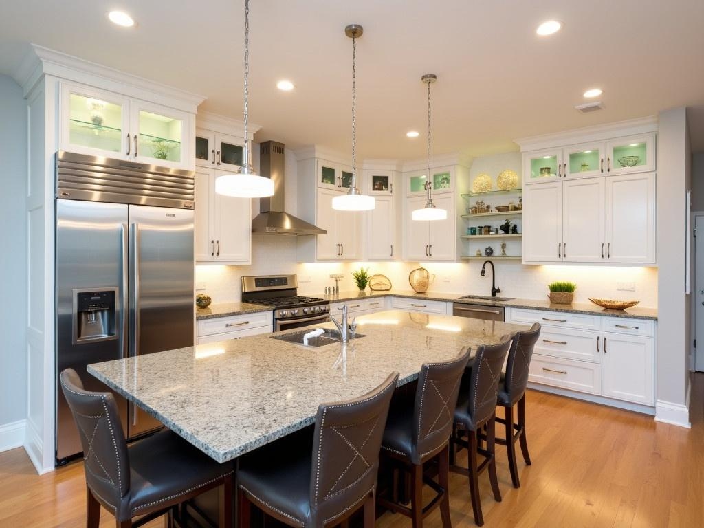 The image shows a modern kitchen with a large island at the center. The island has a glossy granite countertop that reflects the light. Around the island, there are several high-backed chairs, inviting people to sit. Bright pendant lights hang above the island, providing warm illumination. The kitchen cabinets are white with glass display shelves on top, adding a touch of elegance. There are stainless steel appliances, including a large refrigerator and an oven, that complement the sleek design. The flooring is made of warm-toned wood, adding a cozy feel to the space. Overall, the kitchen looks spacious, bright, and welcoming.