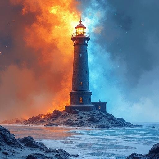 Tall ancient lighthouse on border of scorched volcanic landscape and frozen tundra. One side erupts with firelight; other sprays cold blue energy. Watercolor artwork showcases fantastical style with glowing mist and heat shimmer.