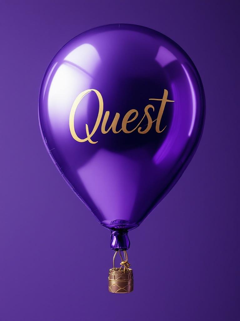 Image depicts a shiny purple hot air balloon. Balloon reflects light. Balloon features gold lettering with the word 'Quest'. The balloon appears to float elegantly. Sense of whimsy and art presence in the composition.