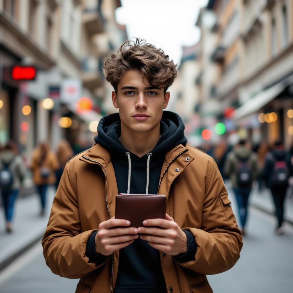 A young man stands in an urban street with a wallet in his hands. The scene showcases a bustling street filled with people and shops. He wears a brown jacket and a black hoodie. Background features shops and blurred pedestrians walking.