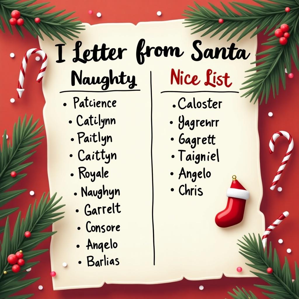 Letter from Santa features a Naughty and Nice list with names. Nicelist includes Patience Caitlyn Royale. Naughty list includes Carmyn Garrett Angelo Chris. Decorated with Christmas elements like trees and candy canes.