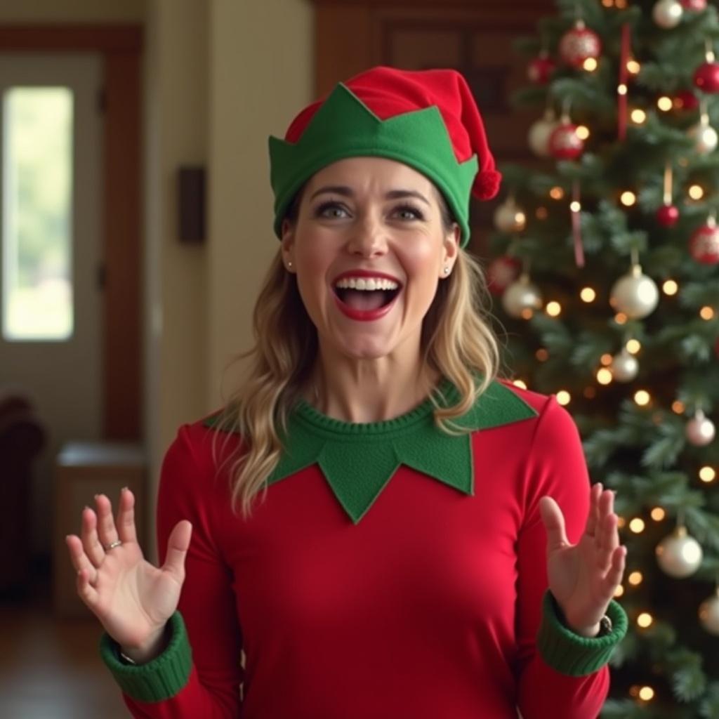 Cheerful woman dressed in a red elf outfit indoors. Christmas tree in the background. Woman expresses excitement with smiles and gestures.