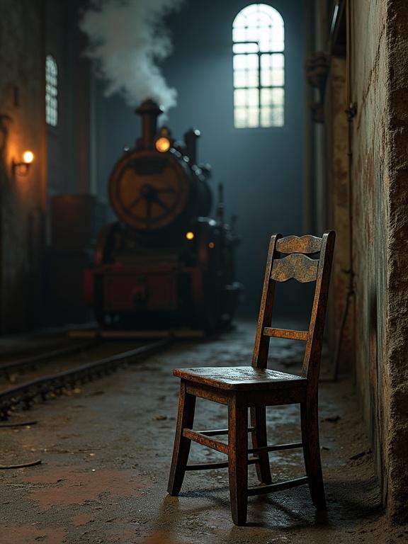 An industrial environment with an old wooden chair in the foreground. Dim lighting sets a moody atmosphere. A steam engine is visible in the background, creating a sense of nostalgia. The scene is characterized by rust and oily textures.