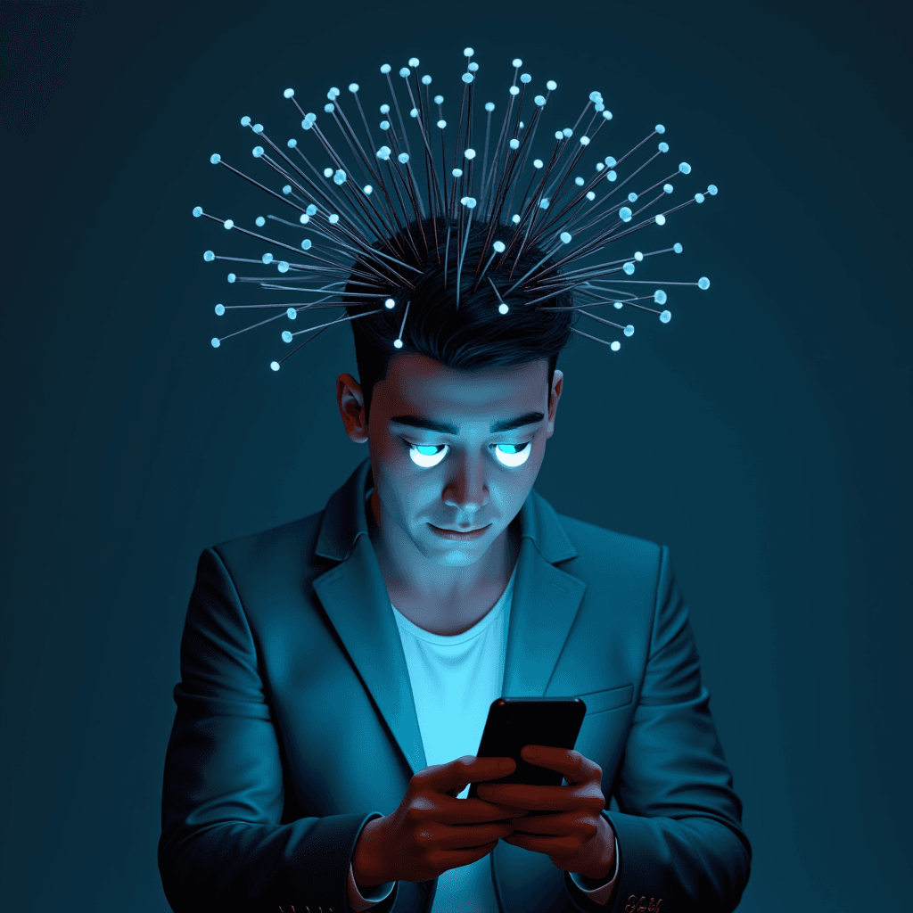 A person in a blazer is intensely using a smartphone, with glowing eyes and connected nodes emanating from their head, symbolizing digital connectivity.