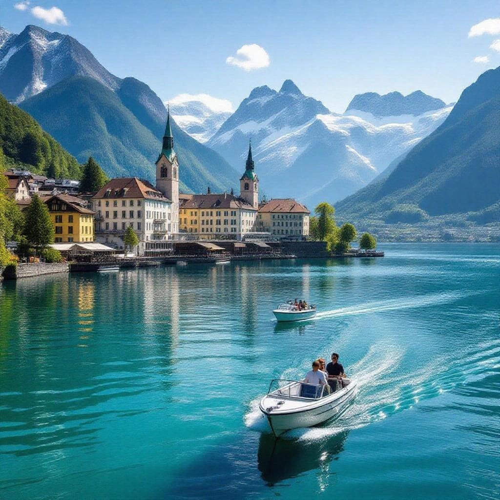 Scenic view of a lake in Switzerland with mountains and boats. Beautiful natural landscape featuring Swiss architecture and clear blue water.
