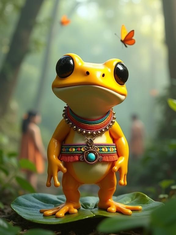 A baby golden frog stands on a leaf. The frog has smooth yellow skin. Bright black eyes reflect pride. It wears a colorful Emberá-style dress and beaded accessories. A misty rainforest background surrounds the scene. Butterflies flutter around. People in traditional attire appear in the background. The image has a vivid color scheme with a gentle glow.
