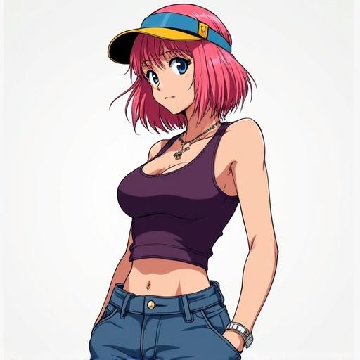 Anime drawing features a woman with pink hair in a bob cut. She is 23 years old, wearing a dark purple tank top and blue microjeans. A Dragon Ball visor is included. The style is inspired by Masamune Shirow.