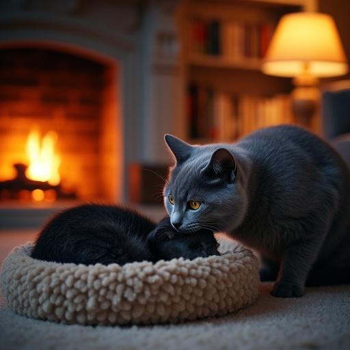 Cozy living room scene with a plush cat bed. A dark-striped kitten is curled up inside the bed. An adult British Shorthair cat with blue-gray fur leans down to lick the kitten. A fireplace with glowing flames is in the background. Warm light from a floor lamp enhances the snug setting. Bookshelves are visible in the background. Highly detailed focus on fur texture and shadows.