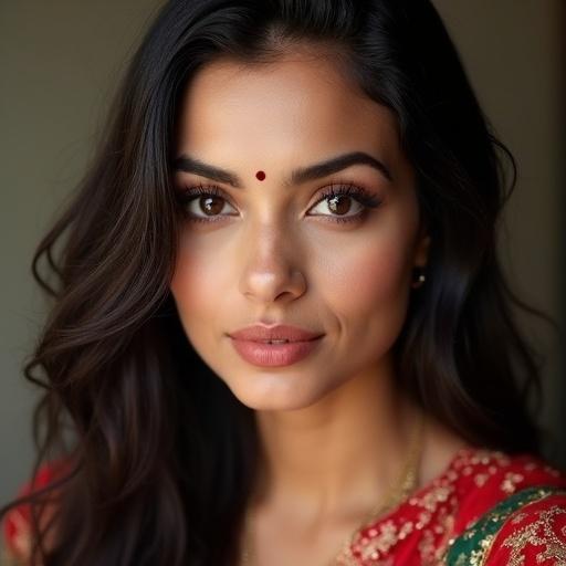 Portrait of a woman with long dark hair and warm smile. She wears traditional attire with a bindi on her forehead. Soft lighting enhances her facial features.