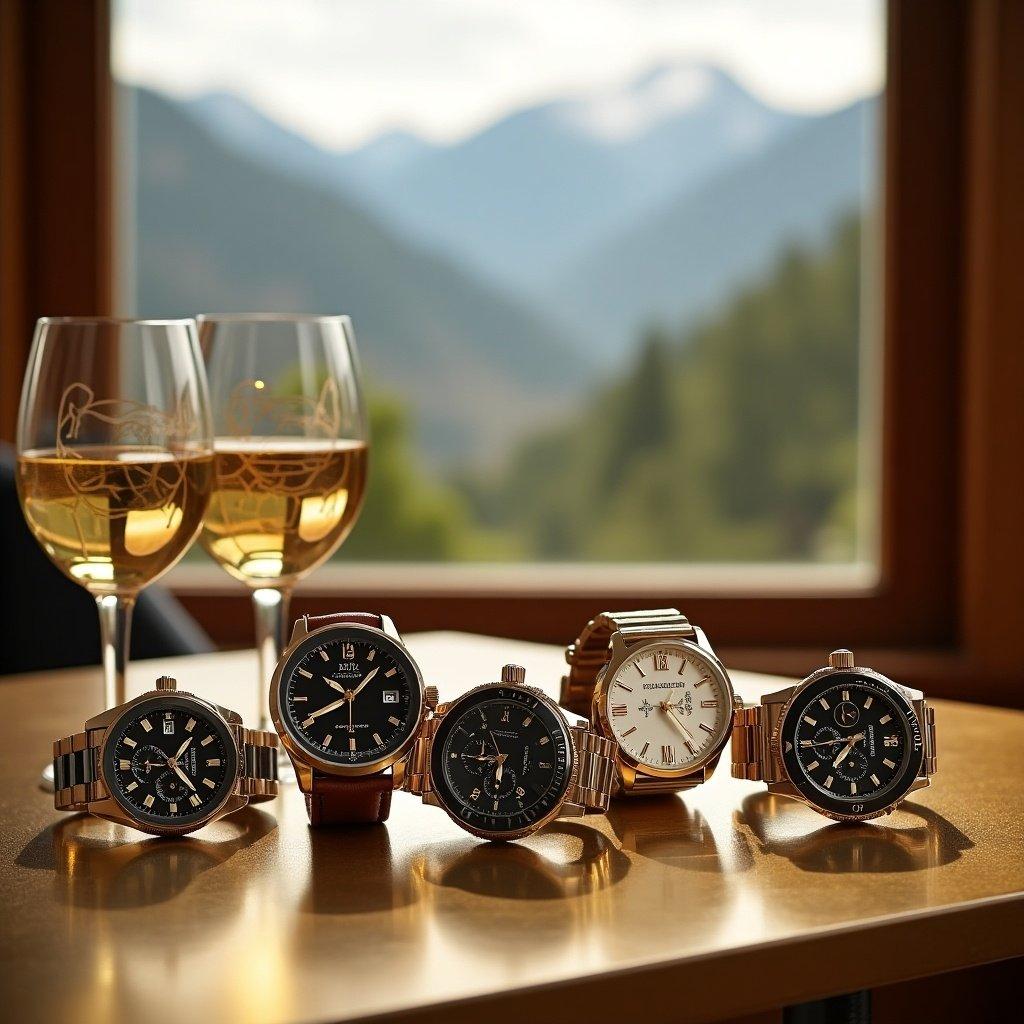 Luxury watches arranged neatly on a golden table. Two glasses of wine are nearby. Beautiful mountains are visible in the background. The scene has elegant golden details.