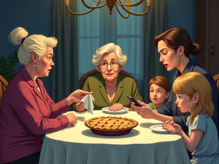 A dramatic dinner scene with an older woman and family. The older woman looks confused and holds a napkin. A fashionable woman faces her with a confrontational expression. A lean man looks down in discomfort. Two grandchildren are nearby, one on a phone and one distracted. Tension is in the atmosphere. The lighting is cool and natural. The angle is slightly overhead. Illustrative style is photorealistic with detailed expressions.