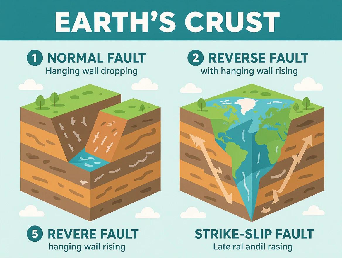 Geology infographic with three cross-sections of Earth's crust. The first shows a normal fault where the hanging wall drops. The second illustrates a reverse fault with the hanging wall rising. The third displays a strike-slip fault with lateral arrows. Use a minimal pastel color scheme. Include bold white labels. The design follows a flat style.